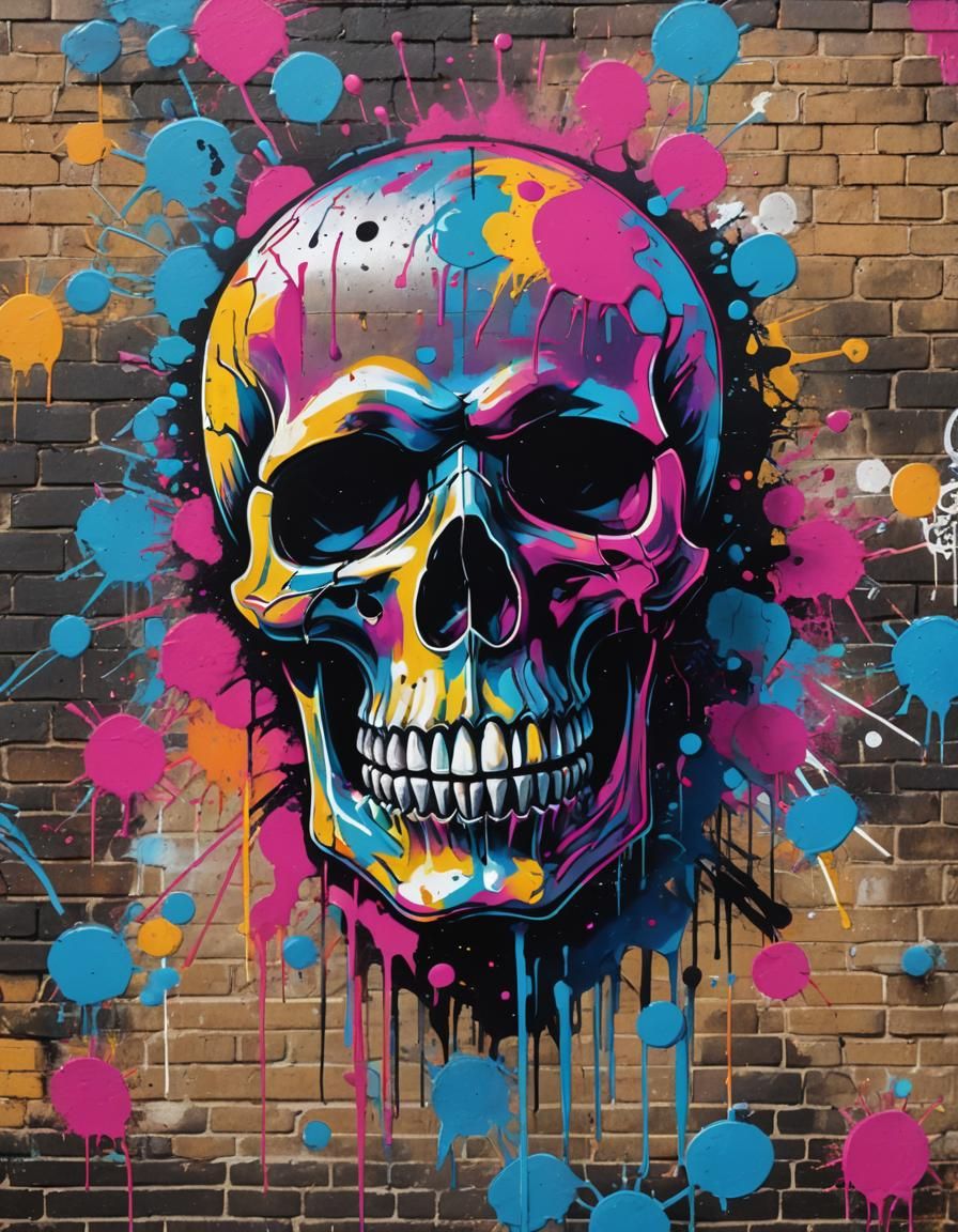 Skull Graffiti Art with Neon Colors and Pop Art Details