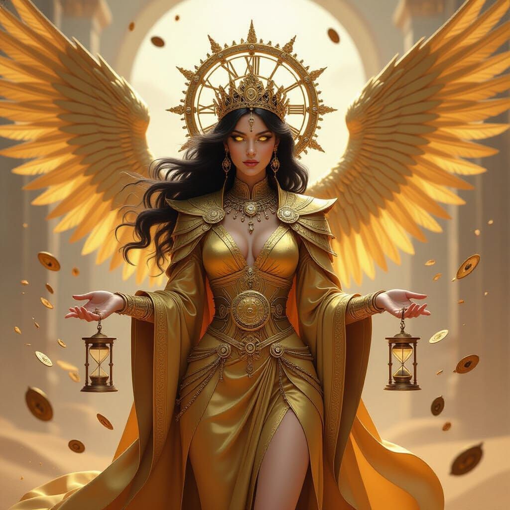 Chrono-Sphinx Empress with Golden Clockwork Glyphs