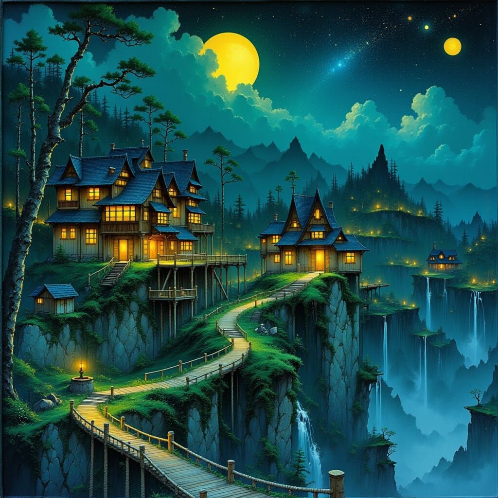 Medieval Cliffside Town in Ancient Forest at Night