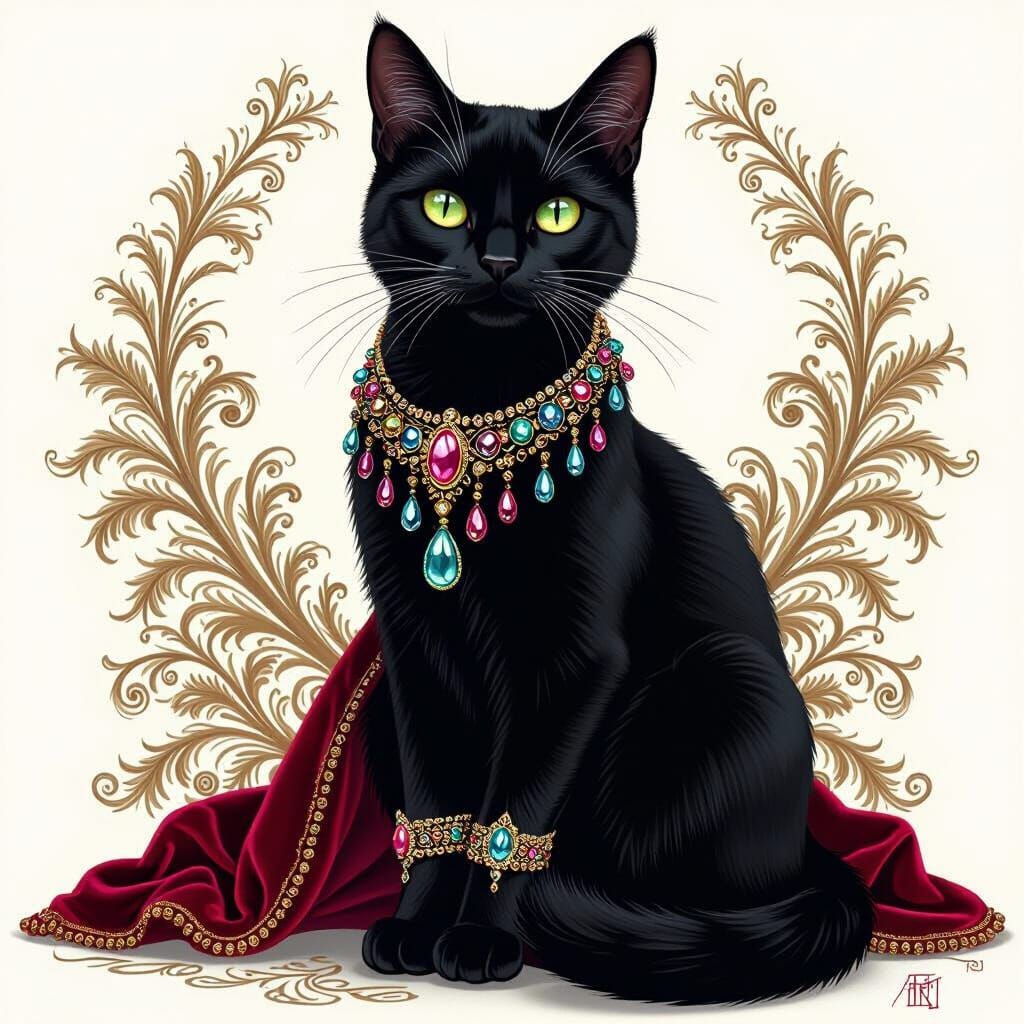 Jeweled Black Cat in Illustrative Style