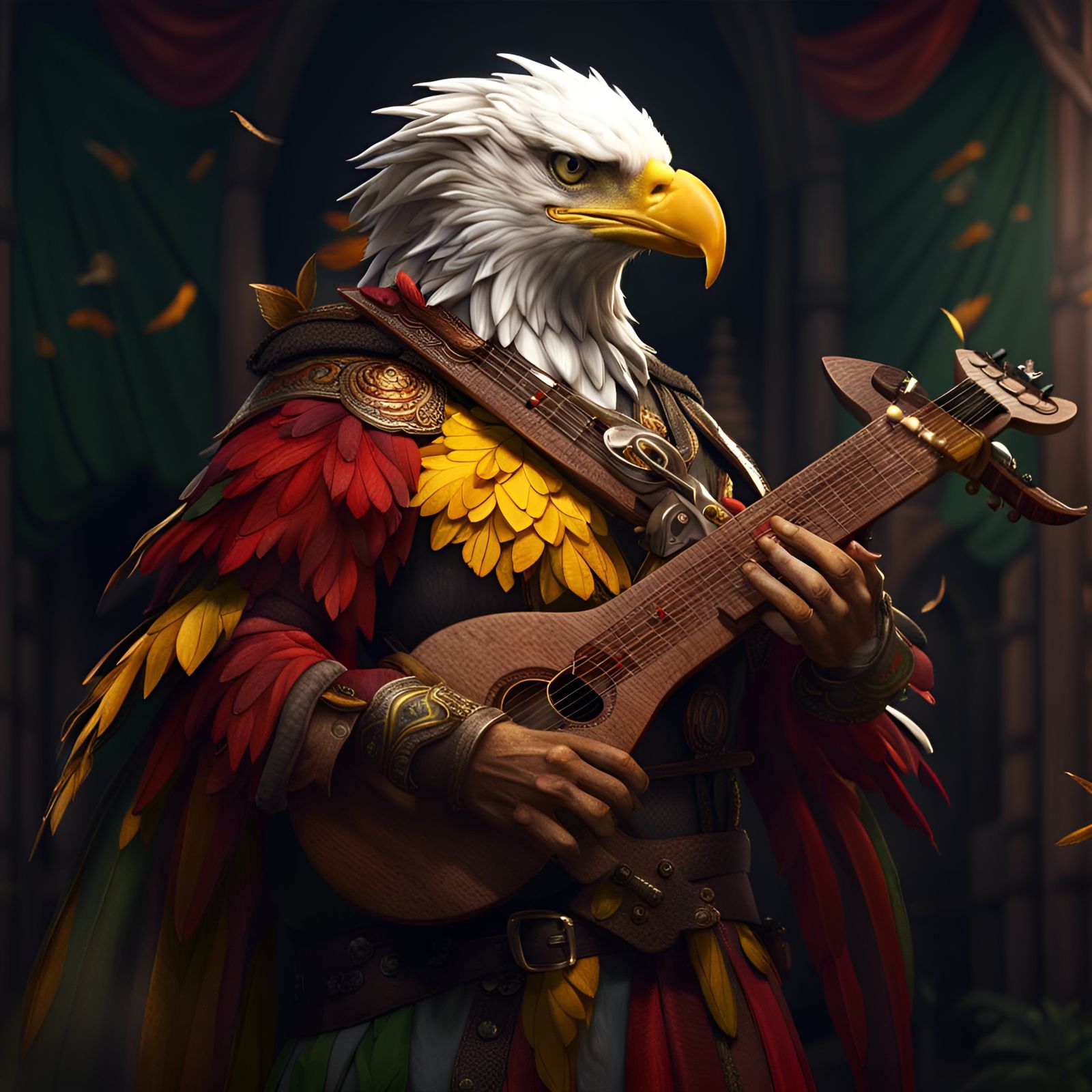 Eagle person playing the lute.