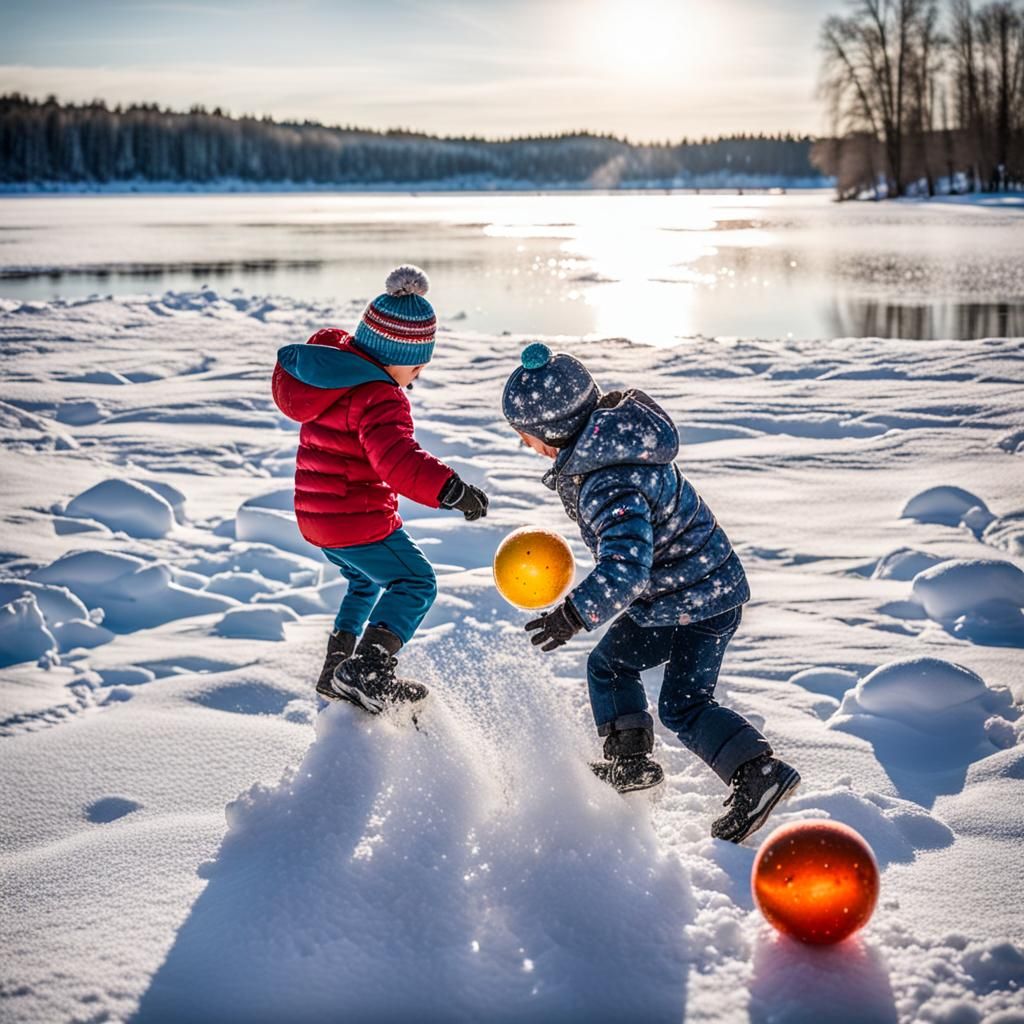 Children Enjoying a Snowball Fight on Frozen Lake