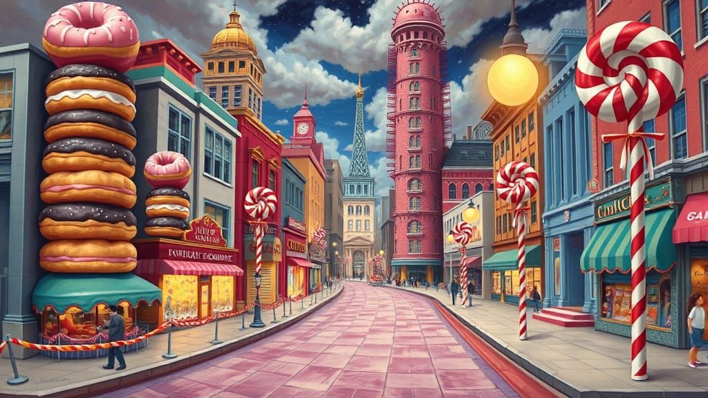 Whimsical Donut Cityscape with Lollipop Lights