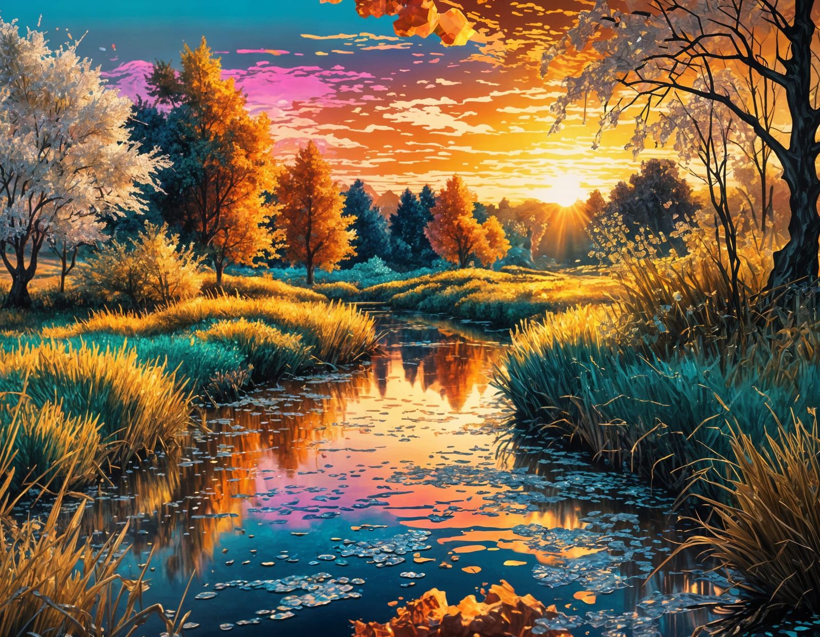 Vaporwave Sunset Landscape as Van Gogh Painting