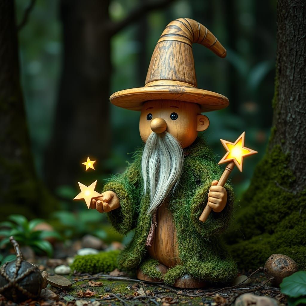 Whimsical Wooden Wizard in Fantastical Forest
