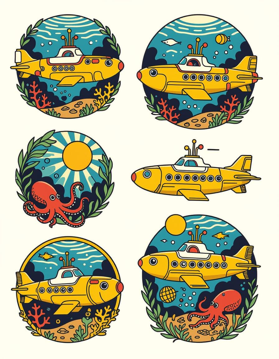Yellow Submarine Flash Tattoo Sheet in Art Nouveau Style