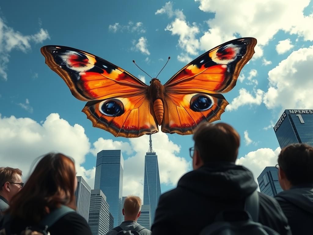 Giant Peacock Butterfly Soars Over City