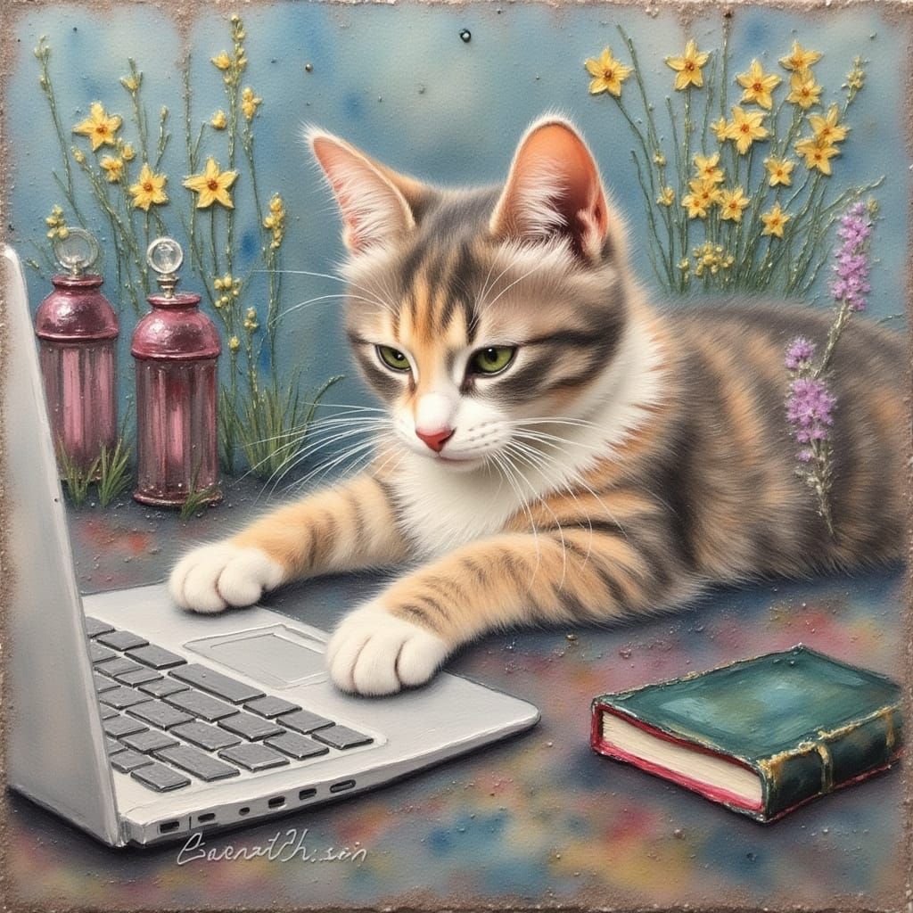 Tiny Pearl Cat Typing on Laptop in Impasto Style