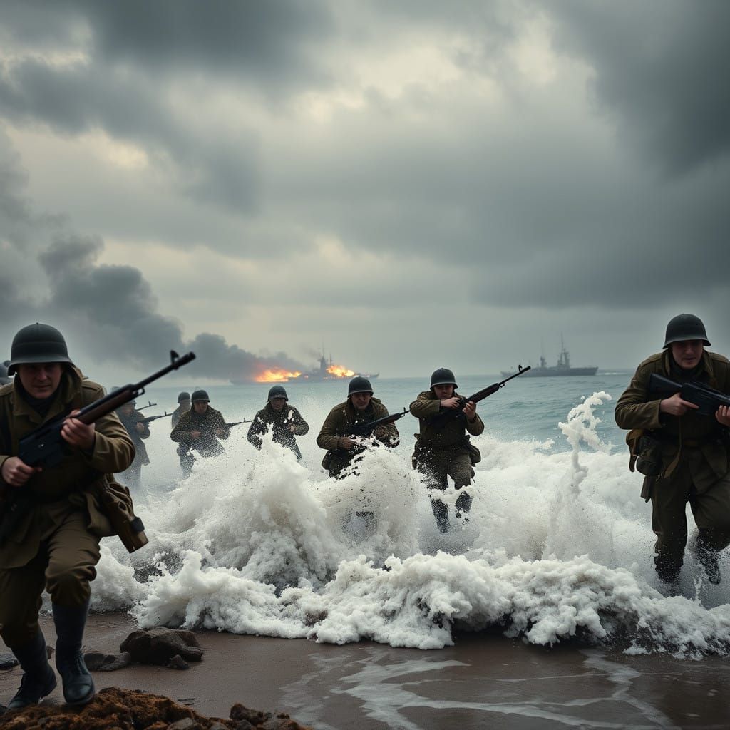 Polish Soldiers Storm Normandy Beach in a Turbulent WWII Sce...