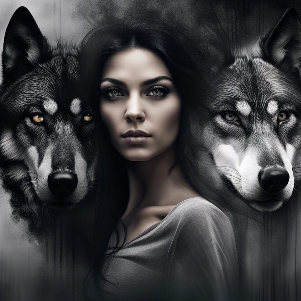 Wolf and Woman Face Merge in Matte Painting