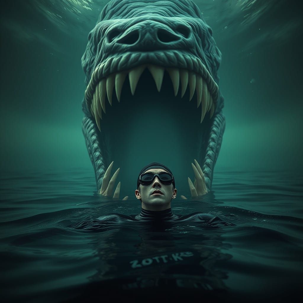 Underwater Nightmare of a Terrified Swimmer Confronting a Ca...