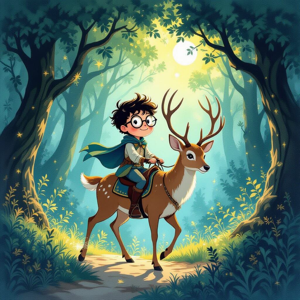 Boy Rides Deer Through Enchanted Forest in Ink and Watercolo...