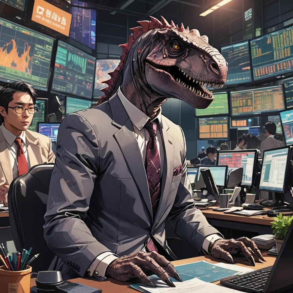 Anime Digital Art of a Suited Dinosaur in a Stock Market Set...