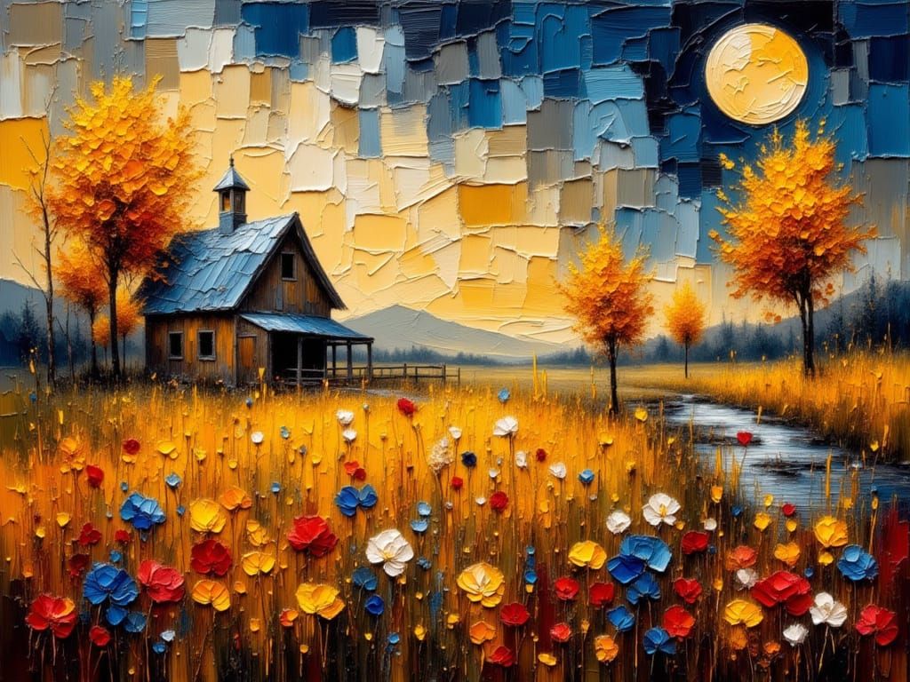 Vibrant Encaustic Impasto Barn Scene