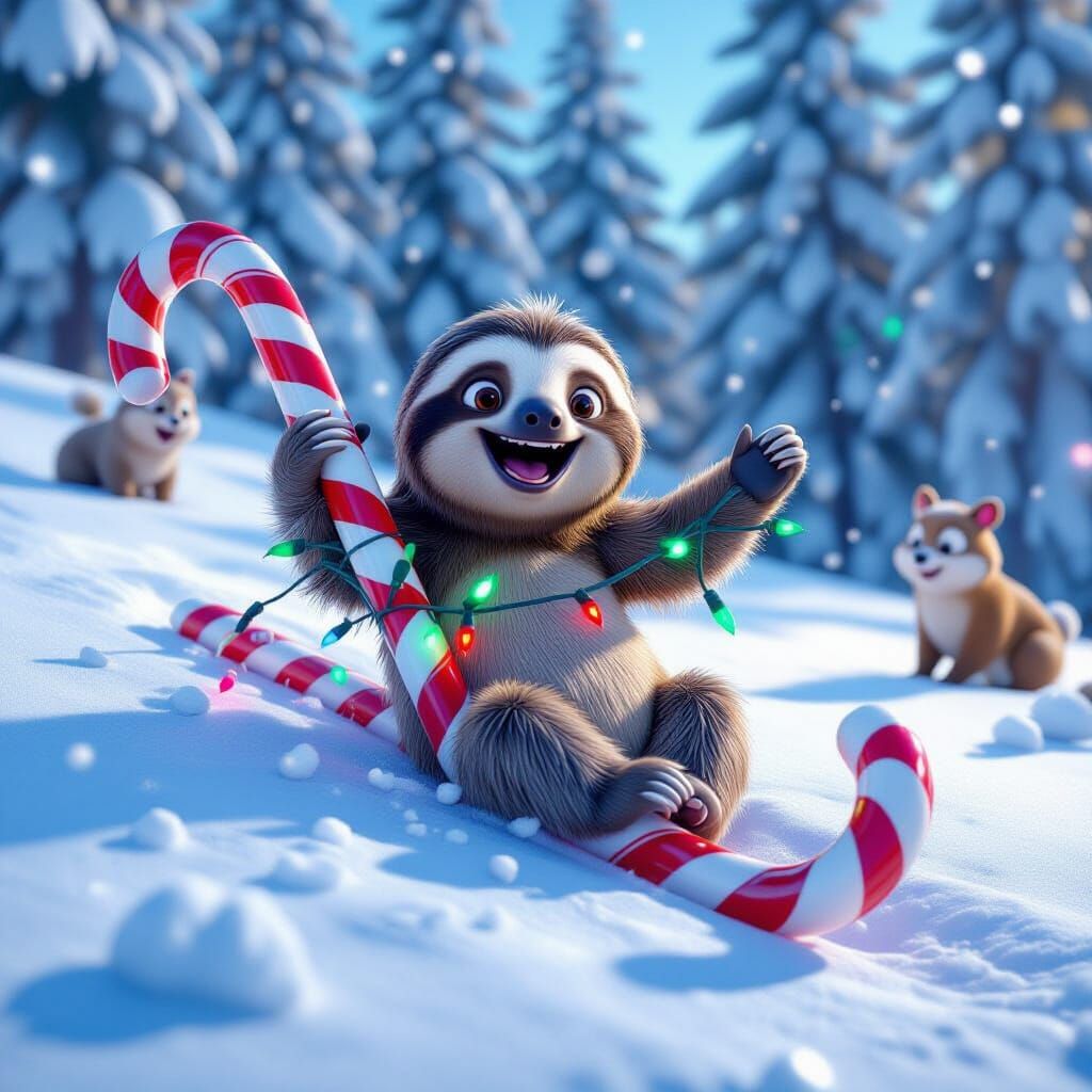Sloth Slides Down Snowy Hill on Candy Cane in Cartoon Style
