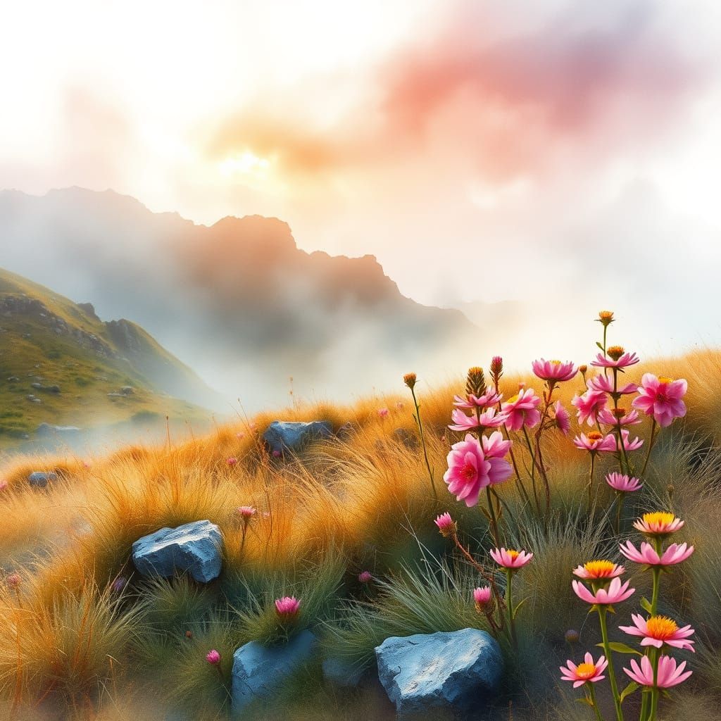 Sunrise on a Wild Moor Landscape with Blooming Calluna