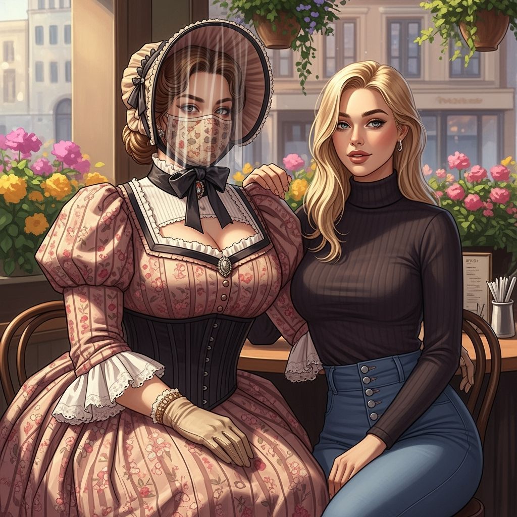 Victorian Woman & Friend in Modern Cafe