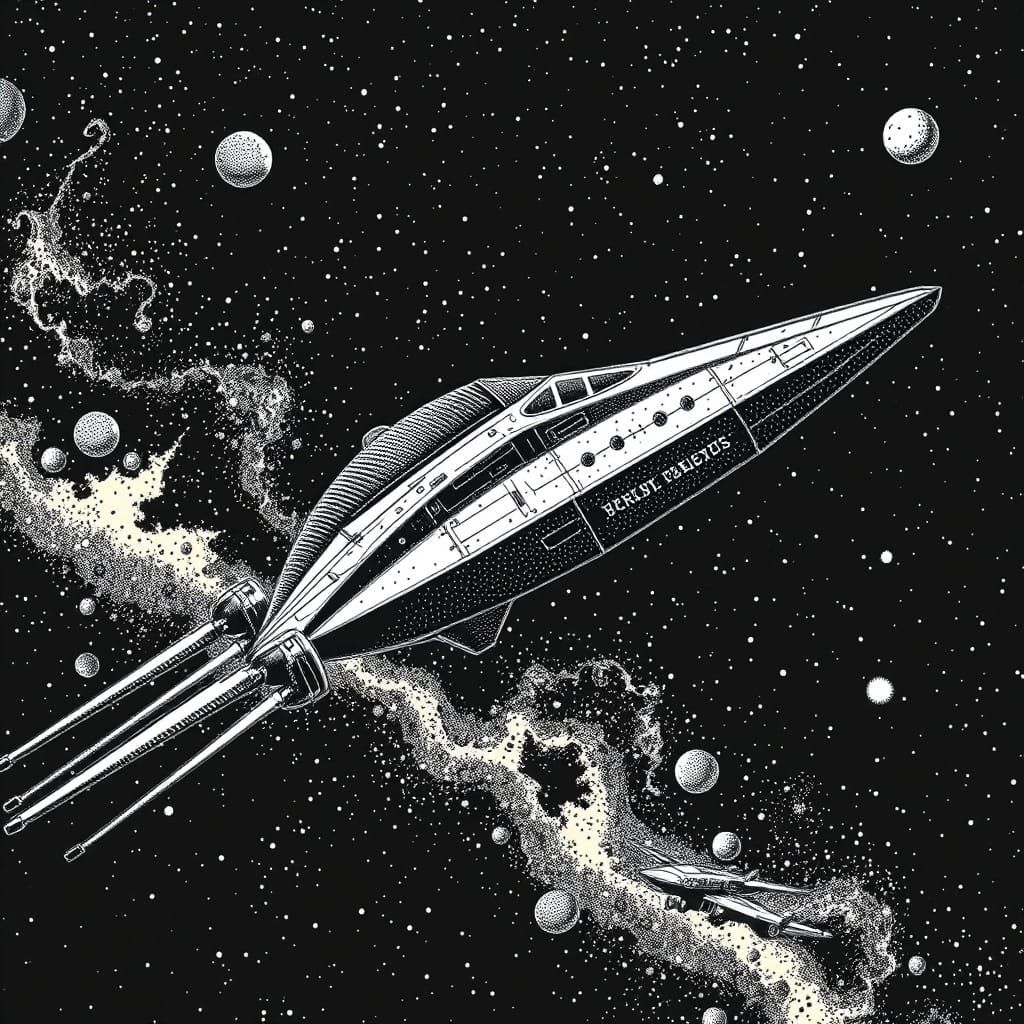 Intricate Spaceship Stippling in Futuristic Aesthetic