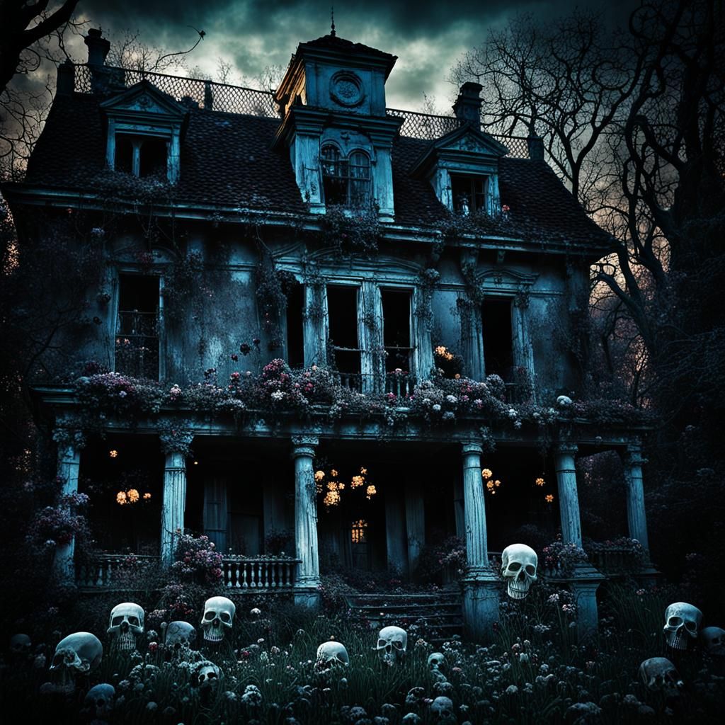 Haunted Mansion with Flickering Lights in Surreal Style