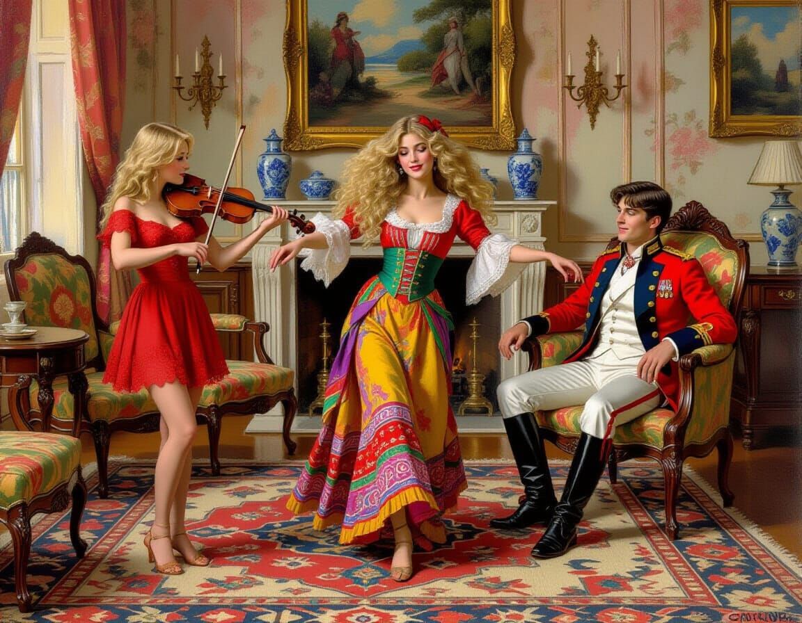19th Century Officer Enjoys Violinist and Dancer at Manor