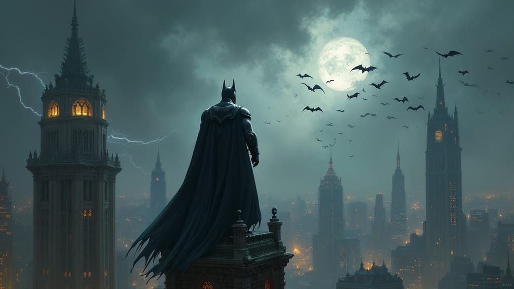 Batman Dominates Gotham Cityscape in Dark, Gothic Style