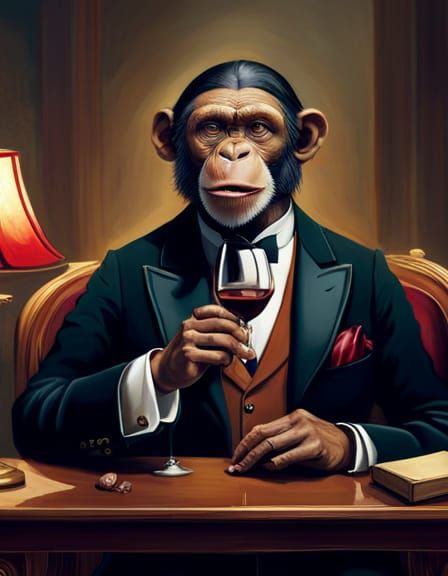 Chimpanzee in Victorian Suit Drinking Wine