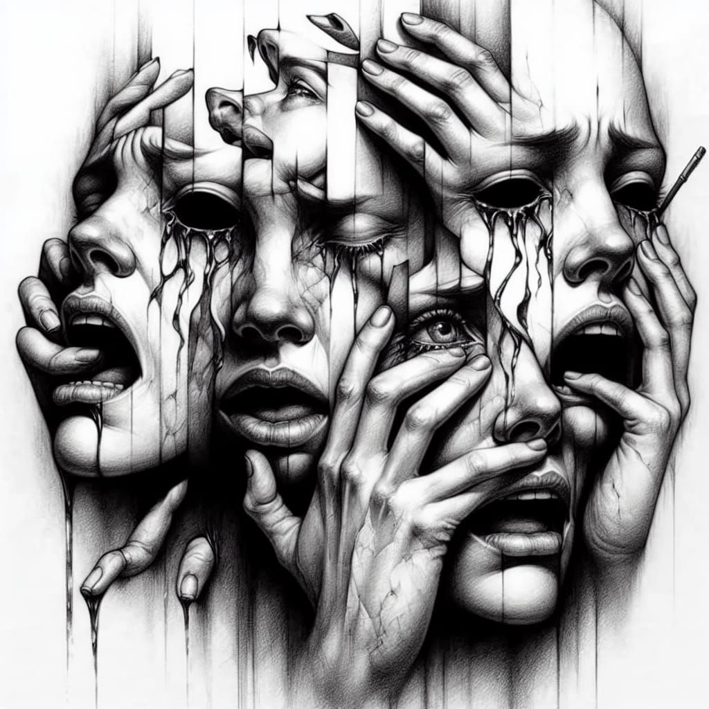 Surreal Fragmented Female Faces in Black-and-White
