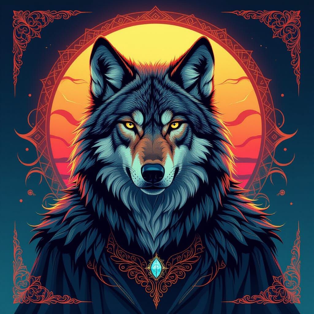 Wolves Portrait with Mystical Aura and Ornate Details