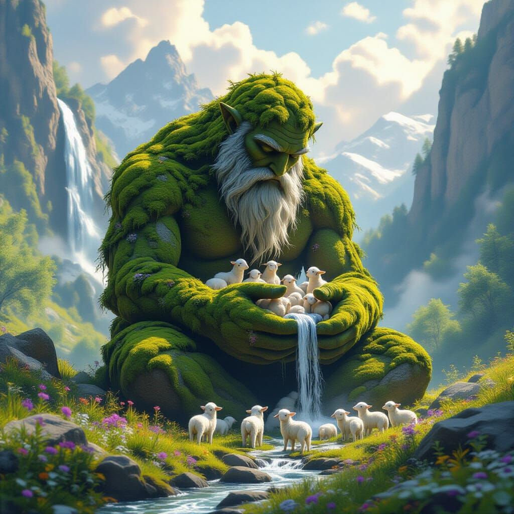 Moss Giant in Valley with Lambs, Matte Painting