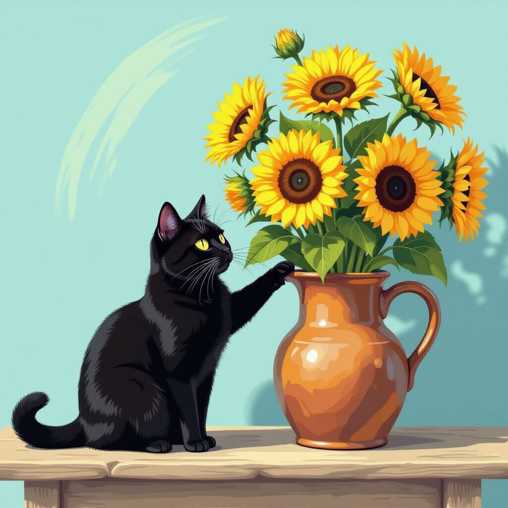 Black Cat and Sunflowers in Van Gogh Style