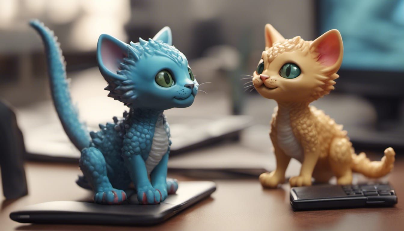Cat Dragon Hybrids Play on Desk: 8k 3D Render