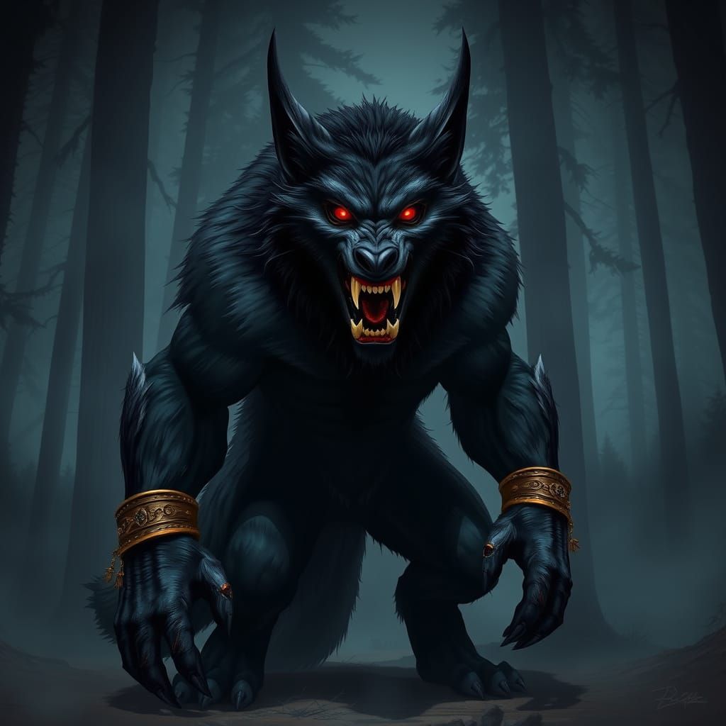Menacing Werewolf in Dark Forest with Red Eyes