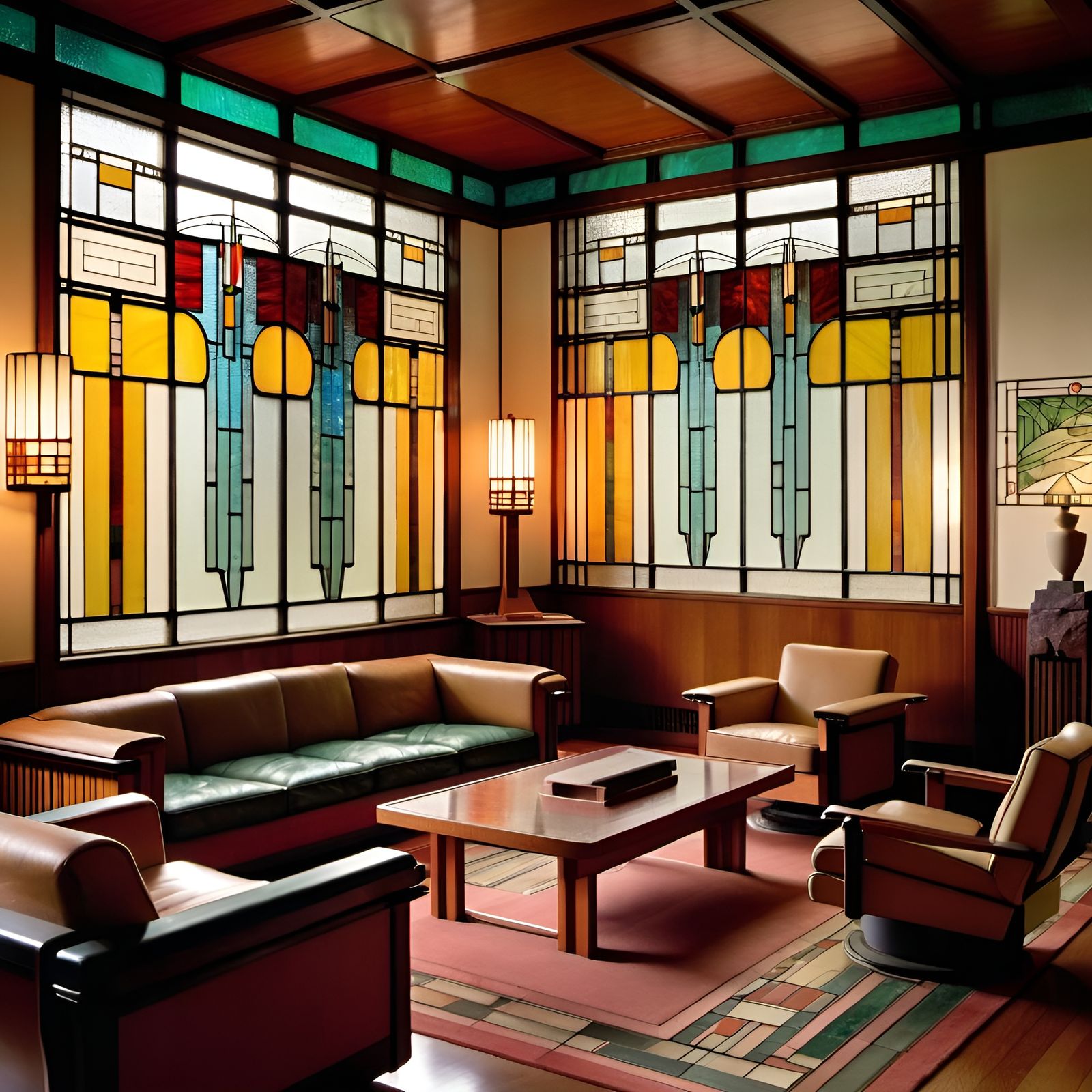 Frank Lloyd Wright Living Room with Art Deco Glass