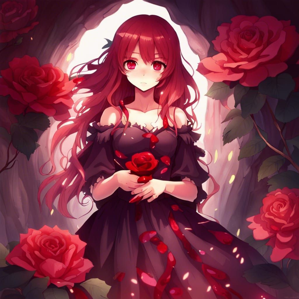 Anime Girl in Ruby Cave with Rose Dress