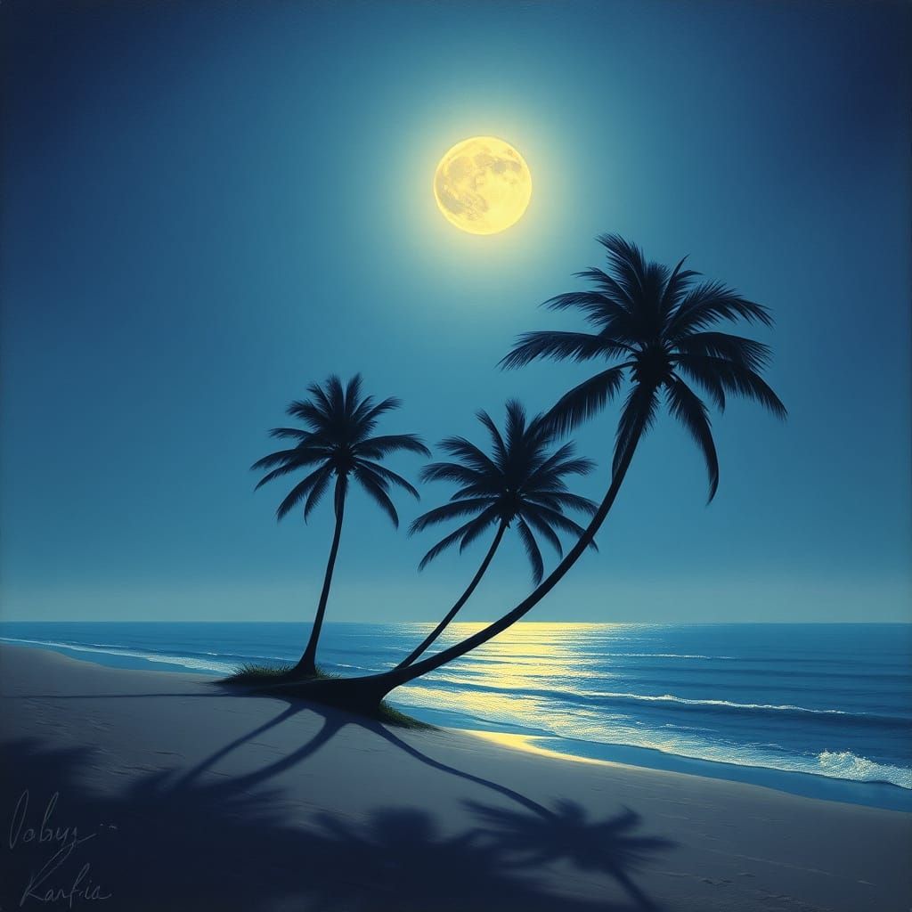 Surreal Moonlit Beach Scene in Dreamy Impressionist Style