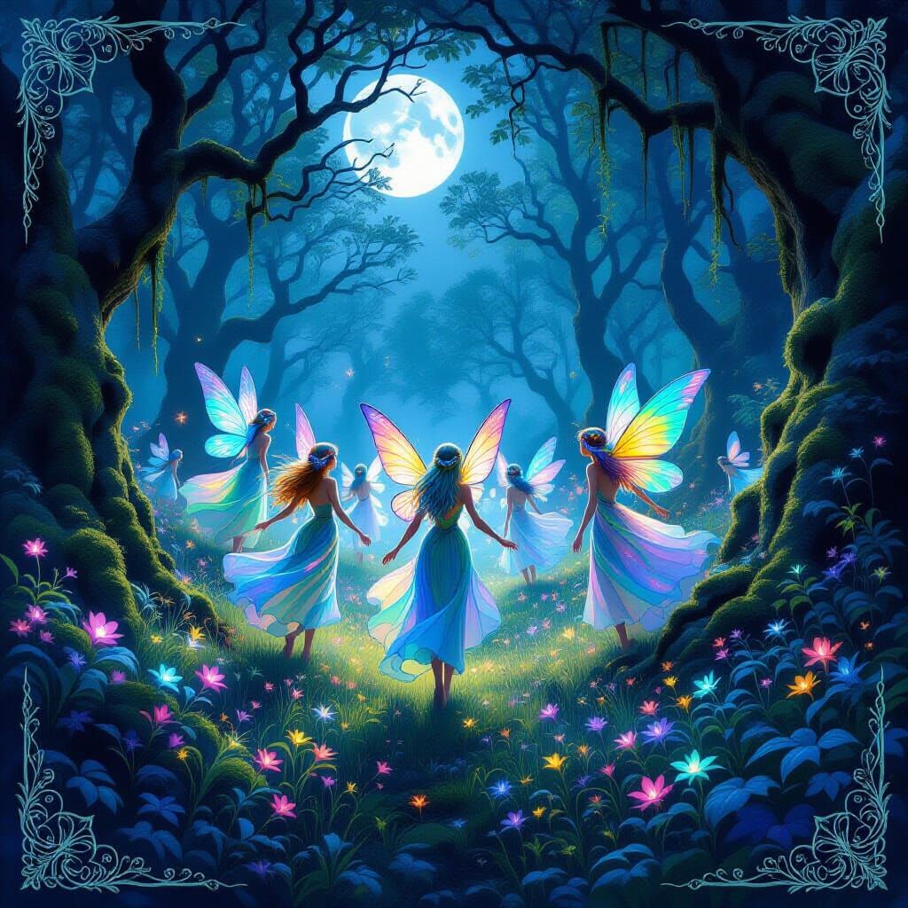 Magical Fairies in Moonlit Forest Glade as Art Nouveau Paint...