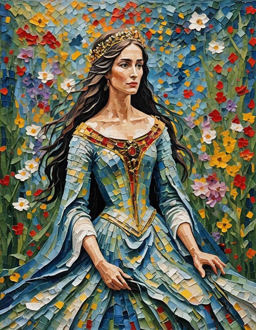 Guinevere: Impasto Painting in Hurufiyya Tapestry Style