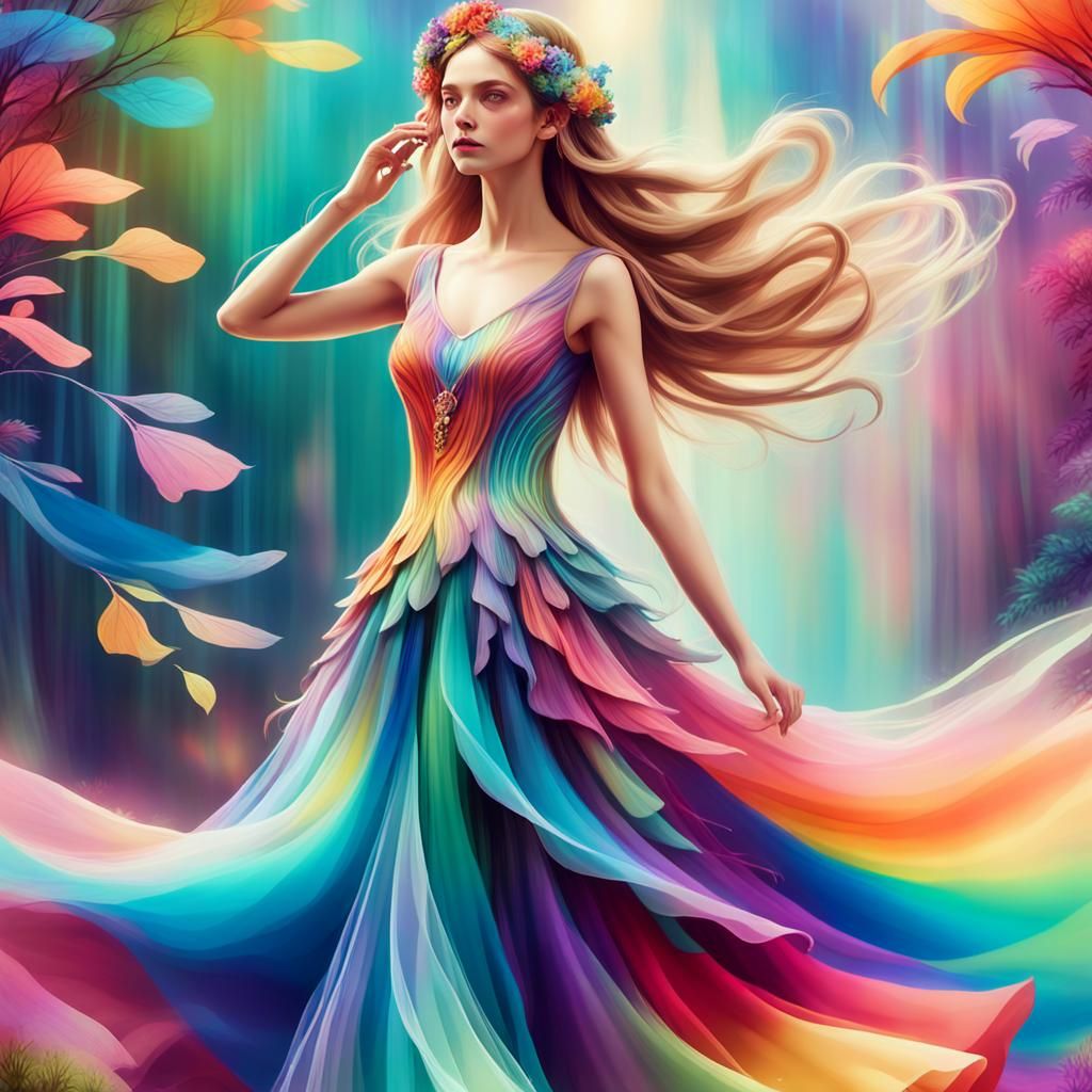 Rainbow Goddess in Whimsical Forest: Digital Art