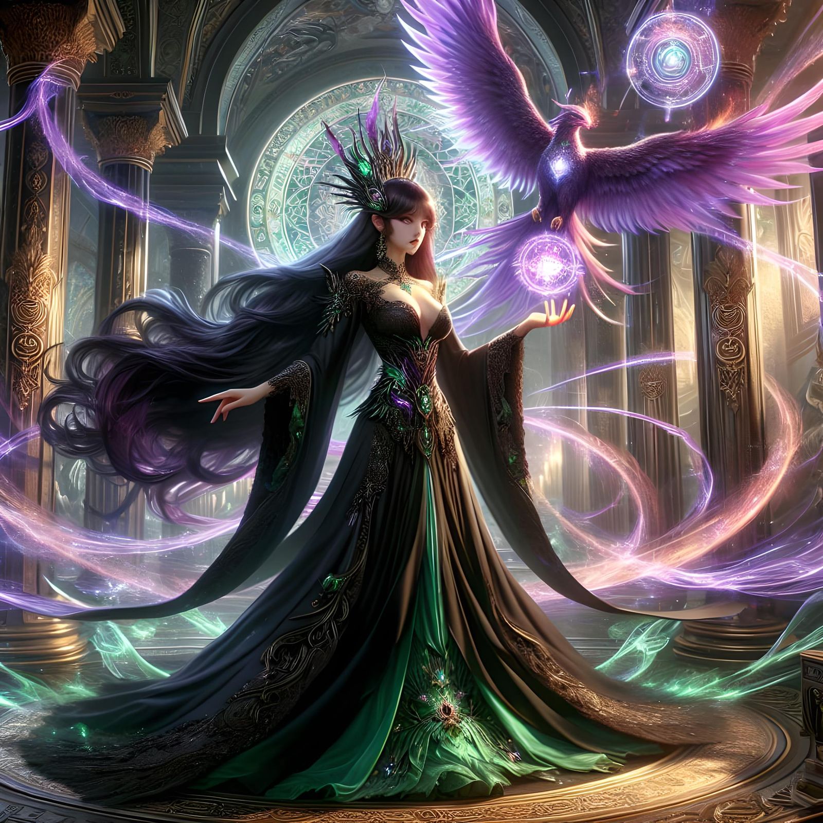 Sorceress Goddess in Opulent Temple with Phoenix