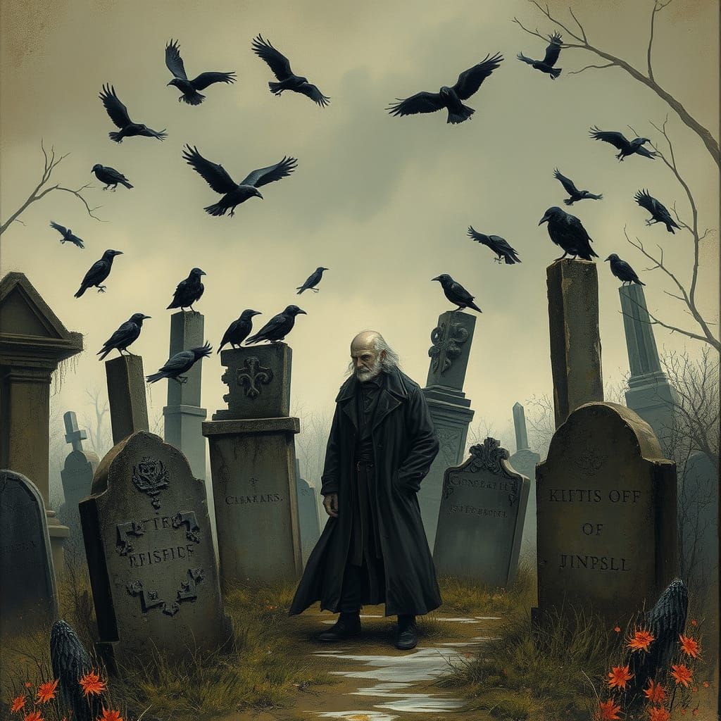 Crows Confront a Haunting Figure in a Creepy Cemetery Scene