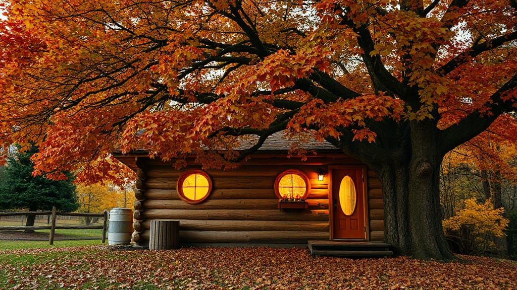 Glowing Log Cabin in Golden Autumn