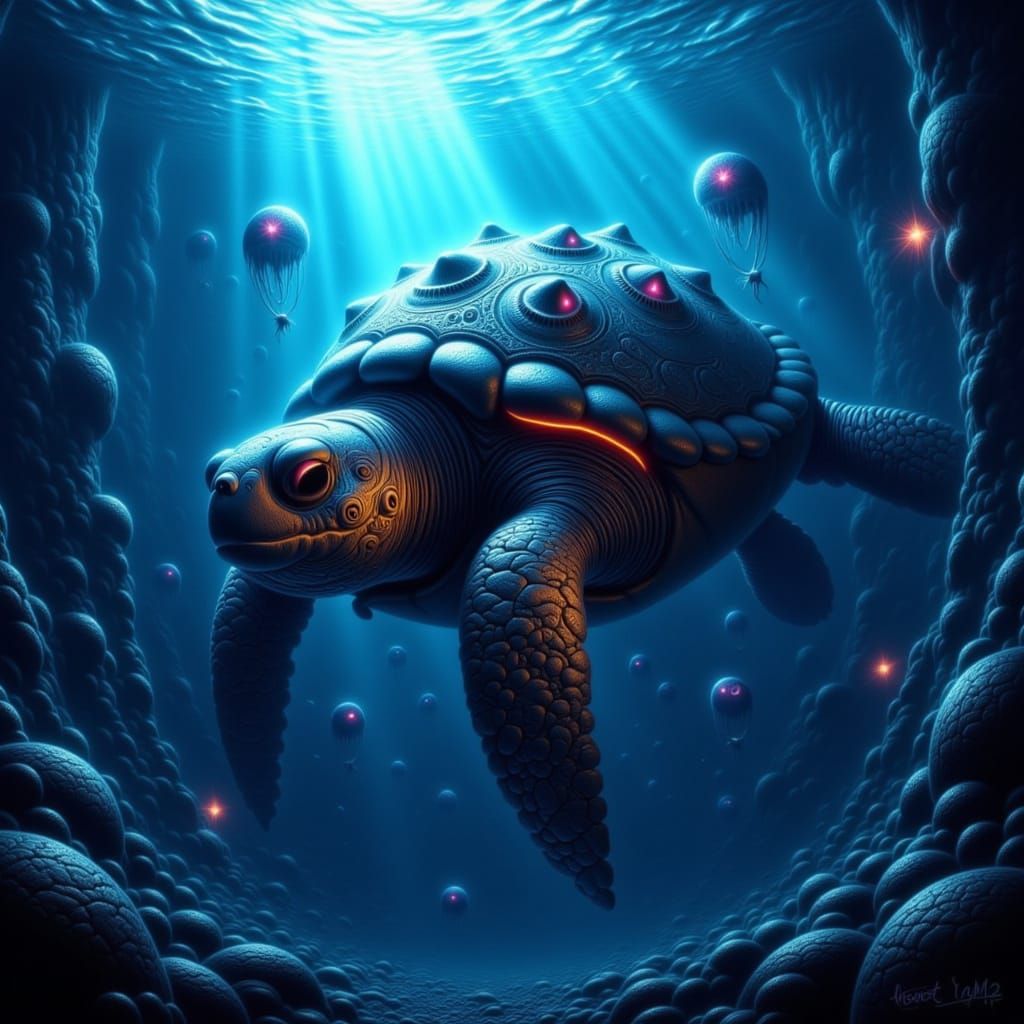 Ancient Sea Turtle in Alien Ocean Depths