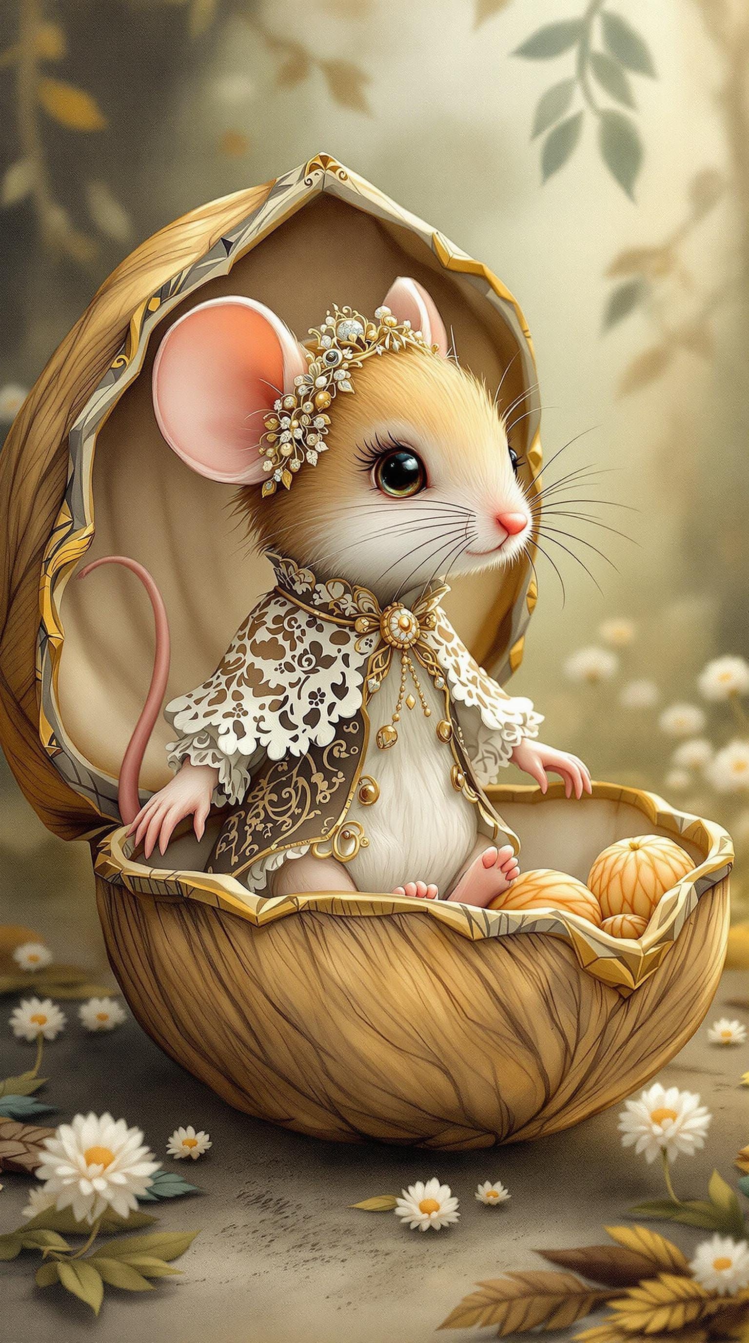 Mouse in Elegant Walnut Shell, Whimsical Watercolor Style