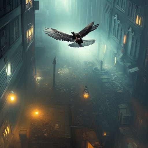 Pigeon Flies Through Dark Alley: Fantasy Art