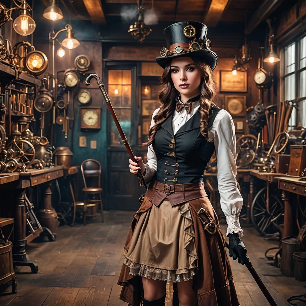 Steampunk Woman in Workshop: Hyperrealistic Concept Art