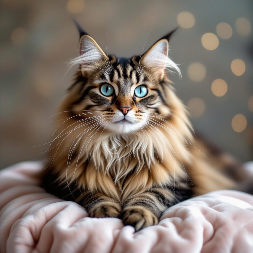 Regal Long-Haired Cat with Blue Eyes on Royal Cushion