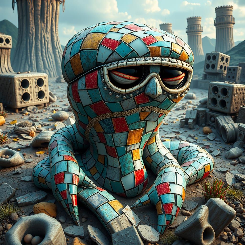 Ceramic Slime Creature in Surreal Landscape