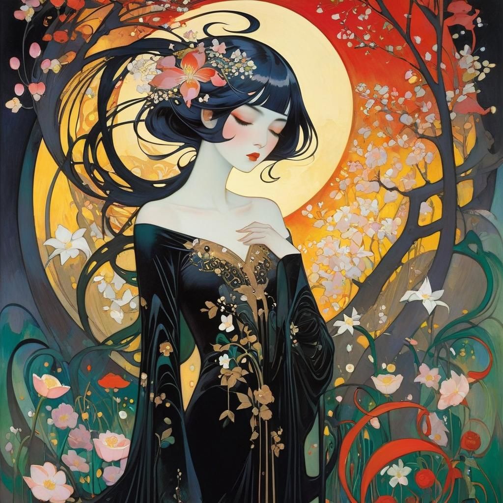 Blossoming Flowers under Moon in Klimt Style
