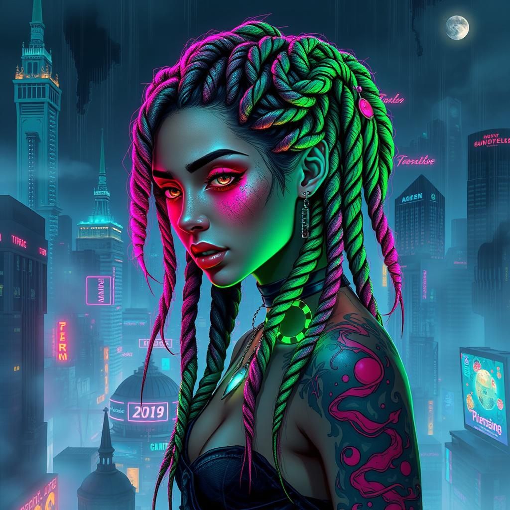Neon Cyberpunk Girl in Dystopian Cityscape