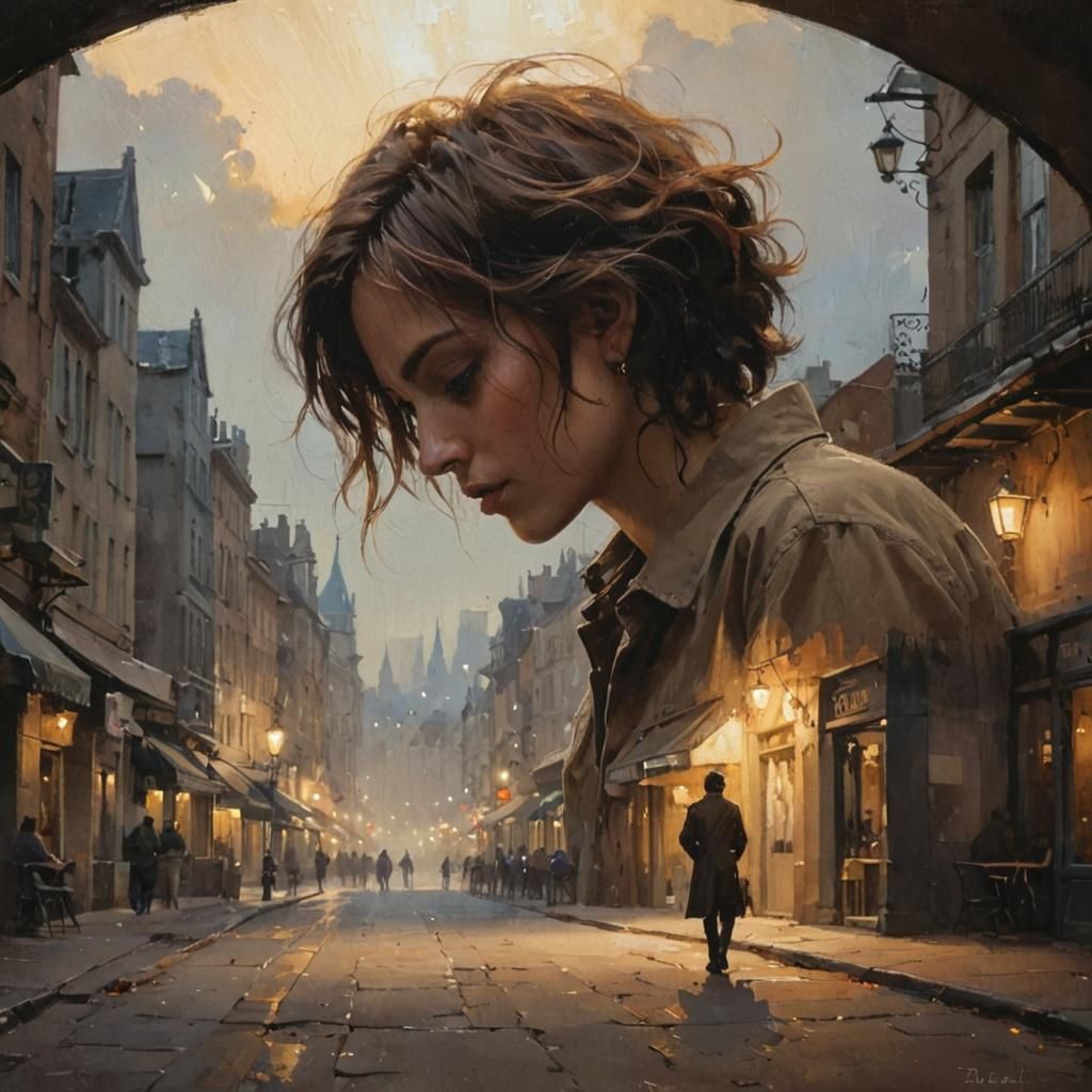 Contemplative Cafe Portrait in Oil on Canvas Style